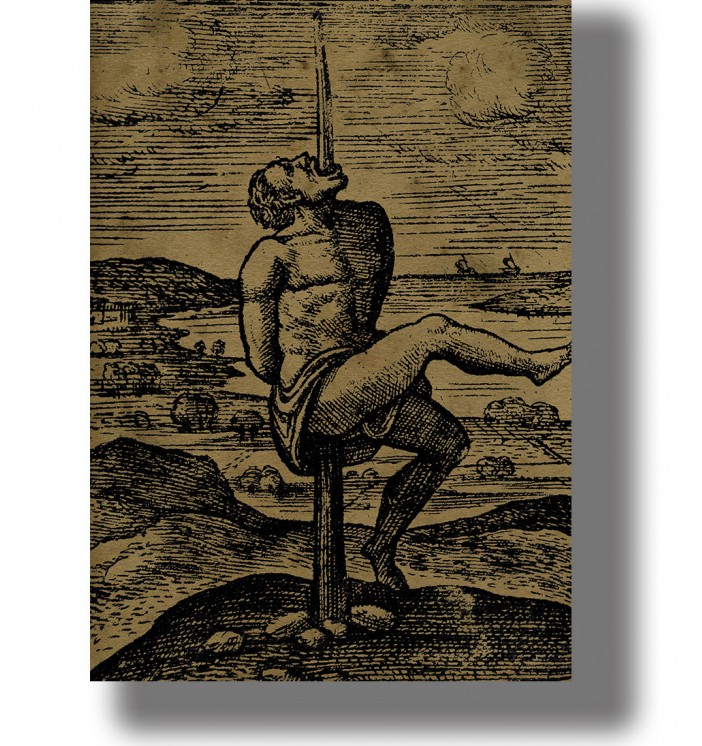Antique-style medieval illustration of a man impaled on a stake in a dark historical landscape