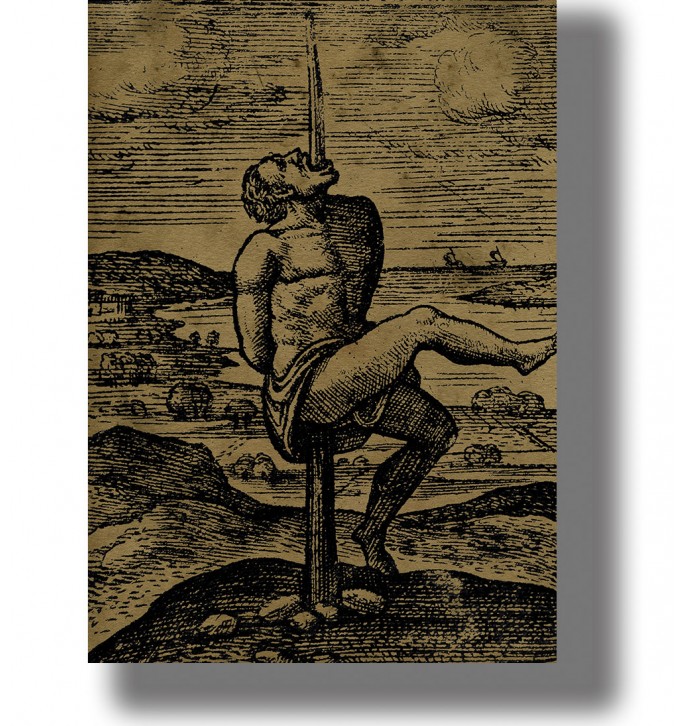 Antique-style medieval illustration of a man impaled on a stake in a dark historical landscape