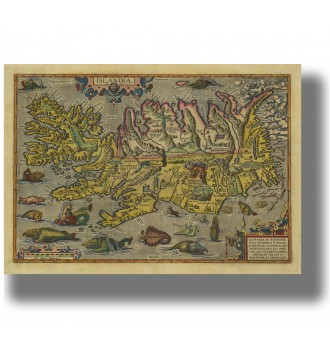 Old map of Iceland with sea creatures in a vintage atlas style. Historical cartography print for wall decor.