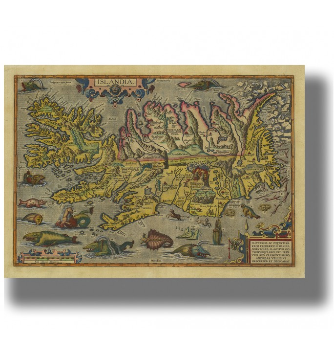 Old map of Iceland with sea creatures in a vintage atlas style. Historical cartography print for wall decor.