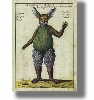 Old occult illustration of Beelzebub with animal ears, scaled body, and bird-like legs from a grimoire.