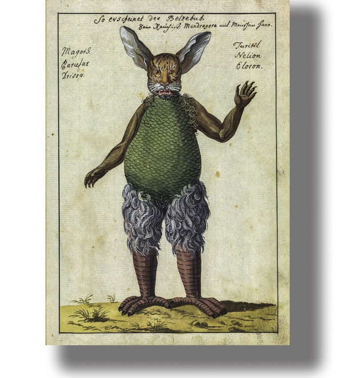 Old occult illustration of Beelzebub with animal ears, scaled body, and bird-like legs from a grimoire.