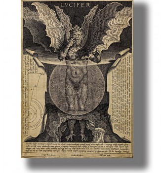 Old engraving of Lucifer with large wings and a circular diagram in a dark symbolic composition.