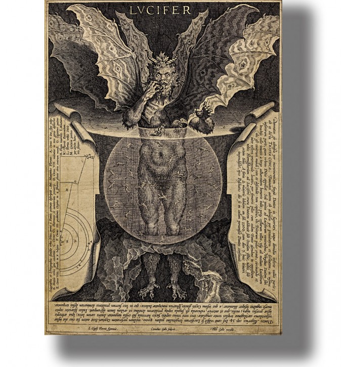 Old engraving of Lucifer with large wings and a circular diagram in a dark symbolic composition.