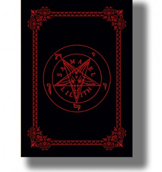 Red occult pentagram of Lilith and Samael on a black background with an ornamental border.