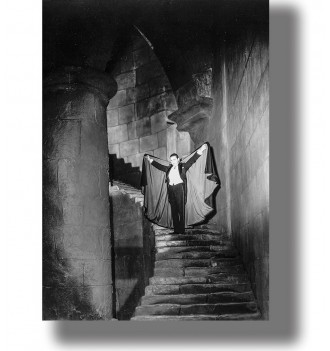 Count Dracula standing on castle stairs with his cape open in a black and white film image.