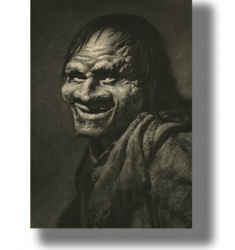 Close-up portrait of Belphegor with a strange smile and scarred face.