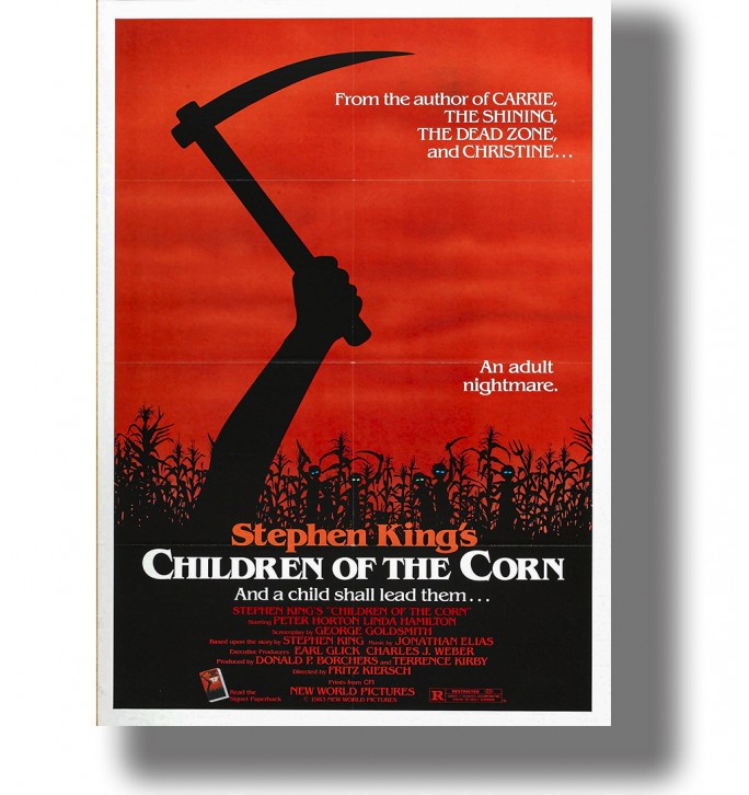Vintage movie poster with a large black sickle, shadowy children in a cornfield and the Children of the Corn title below.