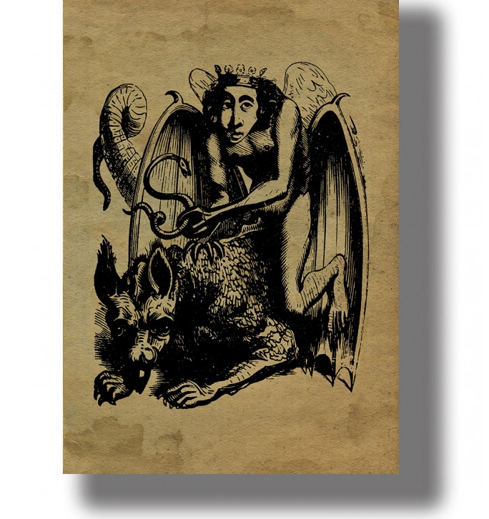 Old occult illustration of the crowned and winged demon Astaroth holding a serpent and riding an infernal beast.