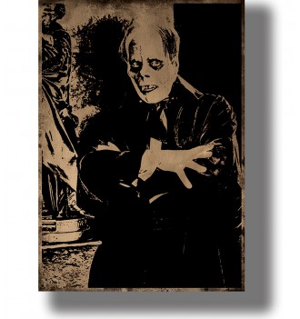 Dark vintage image of a frightening man in formal clothes reaching forward in a scene from an old silent film.