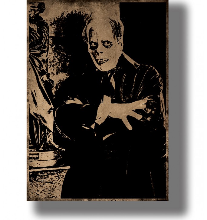 Dark vintage image of a frightening man in formal clothes reaching forward in a scene from an old silent film.