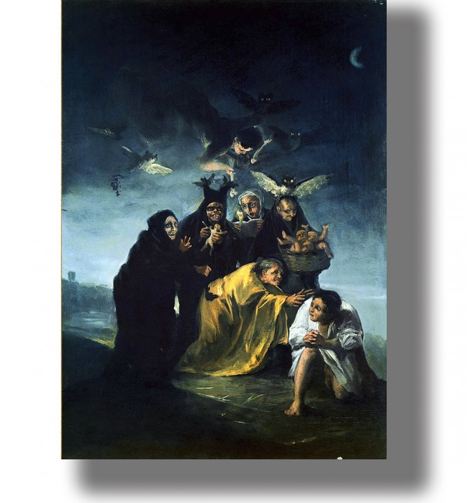 Painting by Francisco Goya showing witches, flying creatures, and a frightened young woman in a dark sabbath scene.