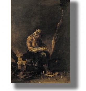 Old witch sitting in a dark cave with an open magic book and small candles around her.
