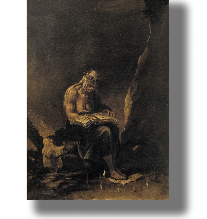 Old witch sitting in a dark cave with an open magic book and small candles around her.