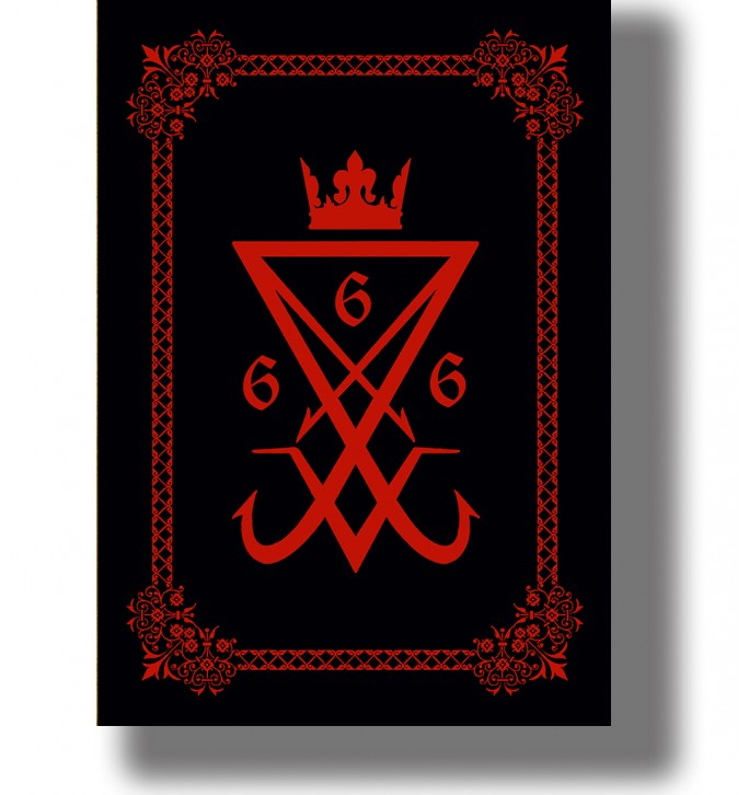 Occult symbol image showing the Sigil of Lucifer with a crown, 666, and an ornamental border.