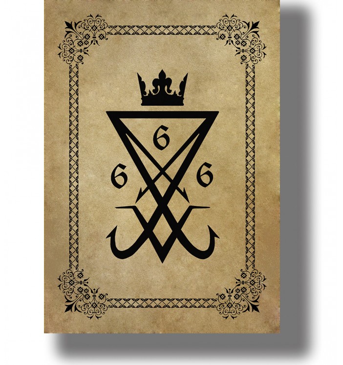 Occult symbol image showing the Sigil of Lucifer with a crown, 666, and an ornamental border.