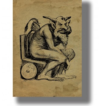 Old illustration of the horned demon Belphegor sitting on a wooden seat with a long tail.
