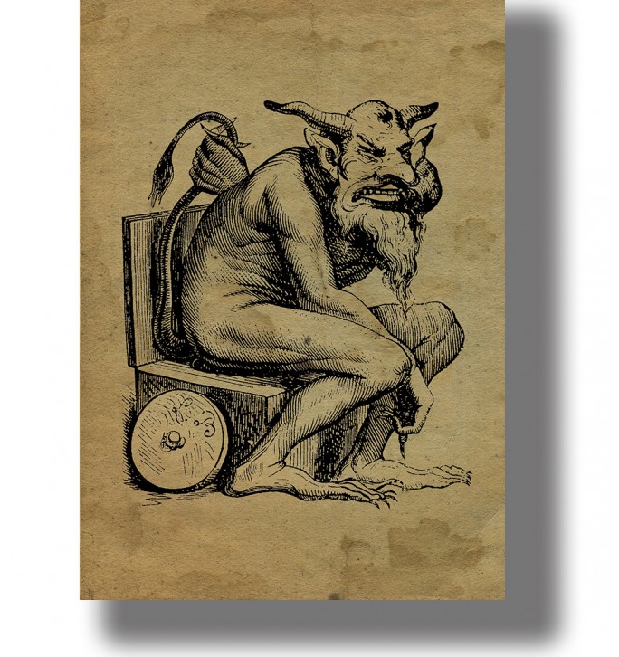 Old illustration of the horned demon Belphegor sitting on a wooden seat with a long tail.