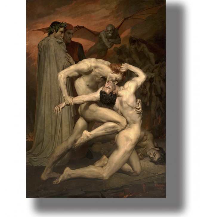 Dark painting of Dante and Virgil in an infernal scene with fighting figures and winged demons.