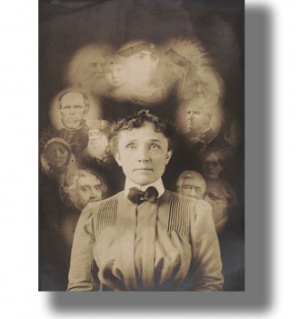 Vintage spirit photograph of a Victorian woman with ghostly faces appearing around her, in a sepia-toned dark background.