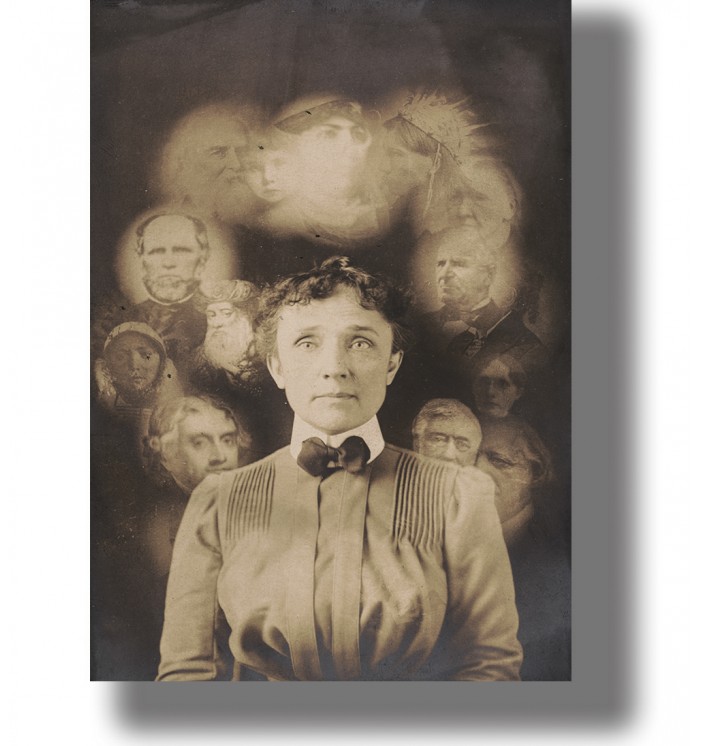 Vintage spirit photograph of a Victorian woman with ghostly faces appearing around her, in a sepia-toned dark background.