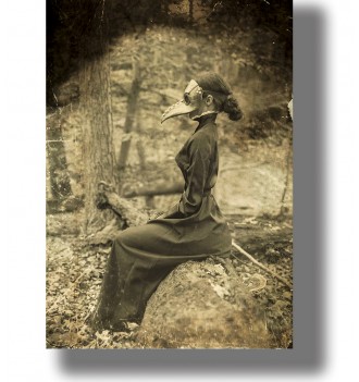 Vintage-style image of a person in a plague doctor mask sitting on a rock in the woods.
