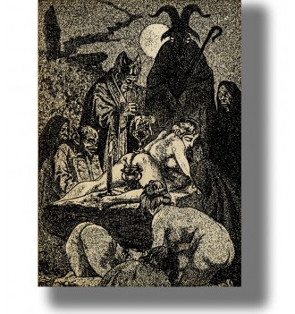 Occult illustration of a black mass scene with a goat, nude women, and dark ritual figures gathered around an altar.