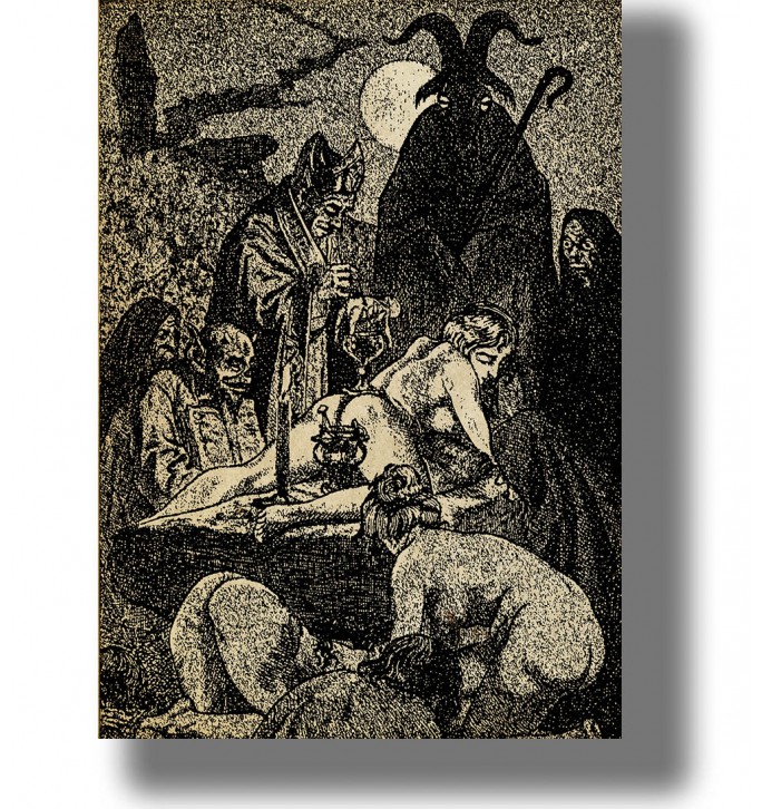 Occult illustration of a black mass scene with a goat, nude women, and dark ritual figures gathered around an altar.