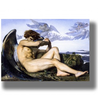 Classical painting of Lucifer as a fallen angel seated on the ground with wings and distant angels above.