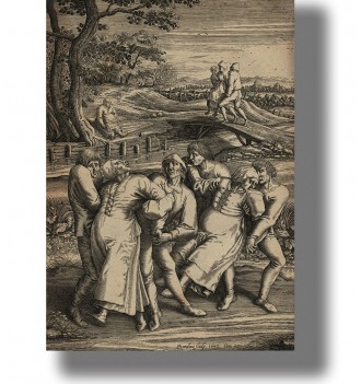 17th-century engraving showing two women with epilepsy supported by male guides, with a bridge behind them.