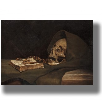 Old painting showing a skull in a dark hood beside a prayer book and rosary beads.