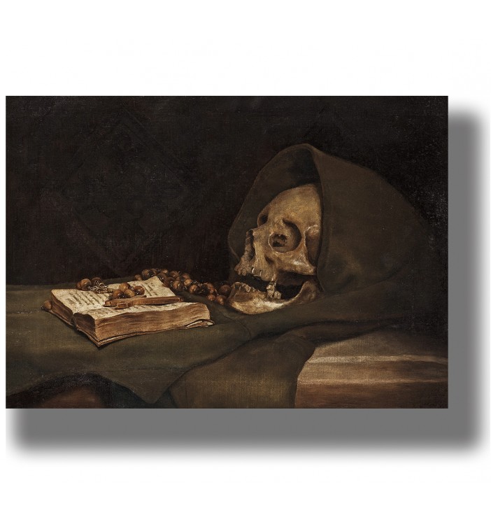 Old painting showing a skull in a dark hood beside a prayer book and rosary beads.