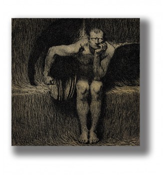 Dark drawing of a seated winged Lucifer with head resting on one hand in a shadowy interior.