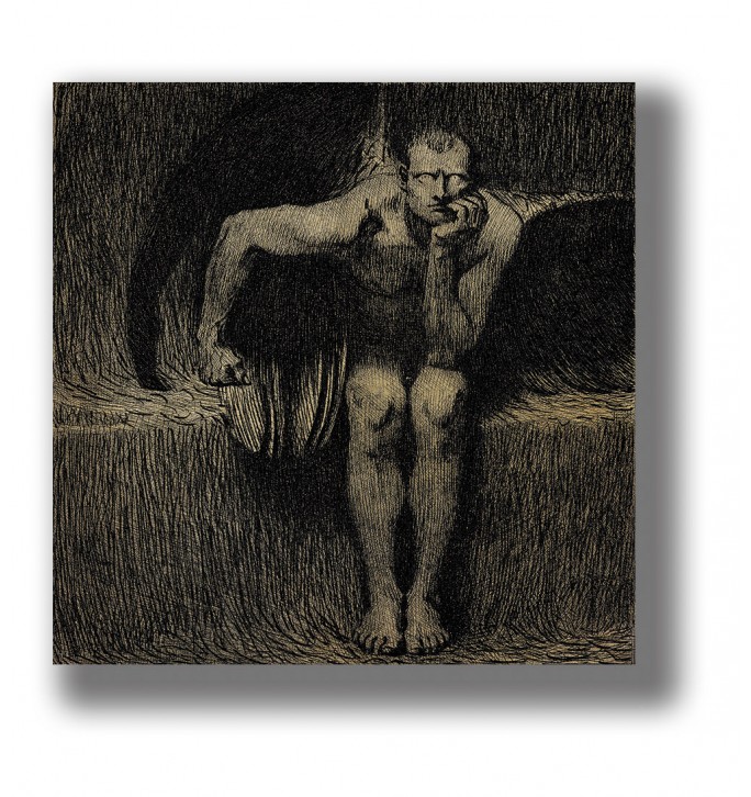 Dark drawing of a seated winged Lucifer with head resting on one hand in a shadowy interior.