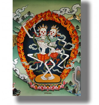 Tibetan thangka showing the Citipati, dancing skeleton deities surrounded by flames.