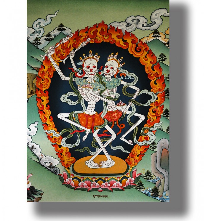 Tibetan deities of Citipati. Oriental tangka with the lords of cemeteries.