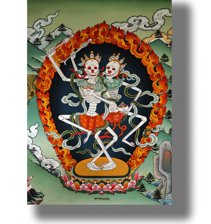 Tibetan thangka showing the Citipati, dancing skeleton deities surrounded by flames.