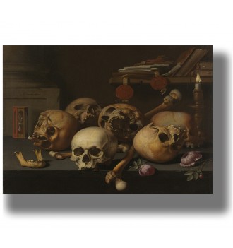 Old Vanitas painting showing six human skulls surrounded by bones, books, flowers, and a candle.