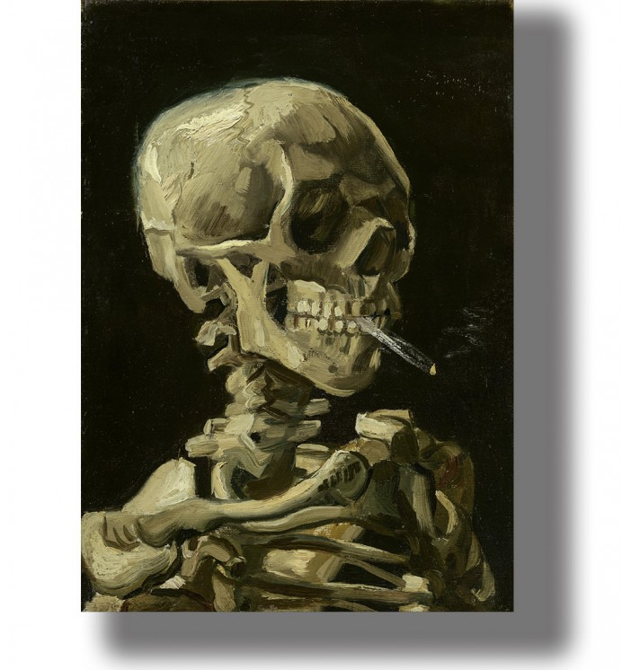 Vintage-style print of a smoking skeleton on a dark background, based on Van Gogh’s famous skull painting.
