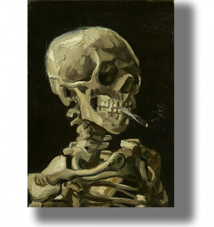 Vintage-style print of a smoking skeleton on a dark background, based on Van Gogh’s famous skull painting.