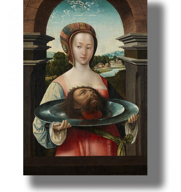 Biblical painting of Salome holding a platter with the head of John the Baptist in a dark historical scene.