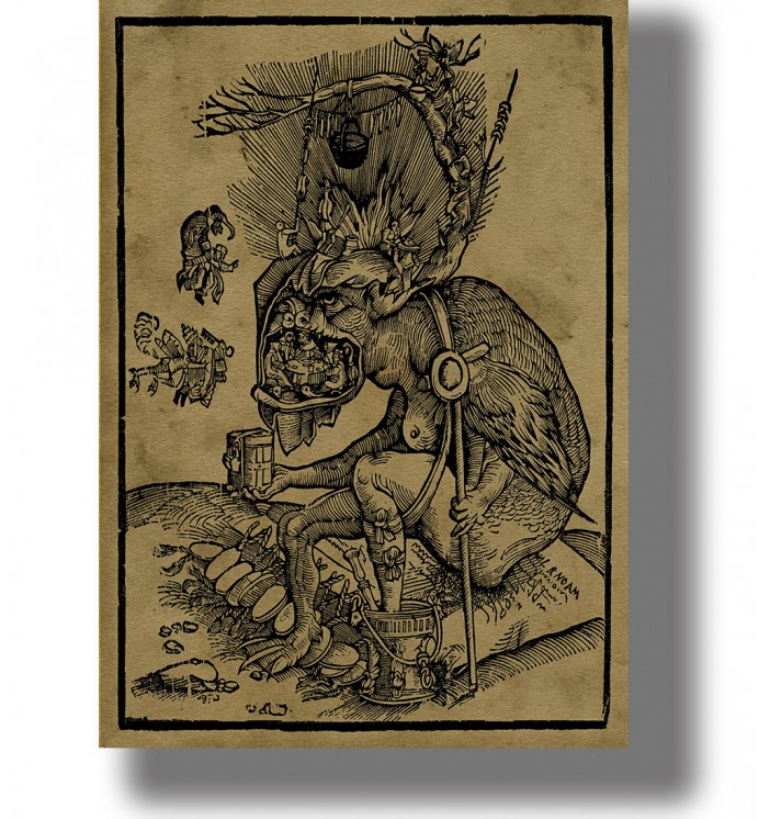 Old woodcut showing clergy feasting inside the jaws of a seated devil, with smaller demons around him.