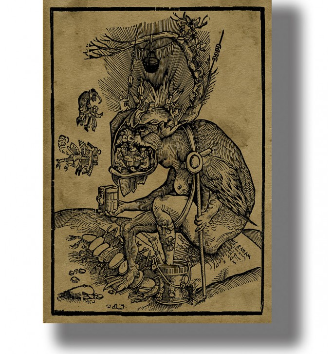 Old woodcut showing clergy feasting inside the jaws of a seated devil, with smaller demons around him.