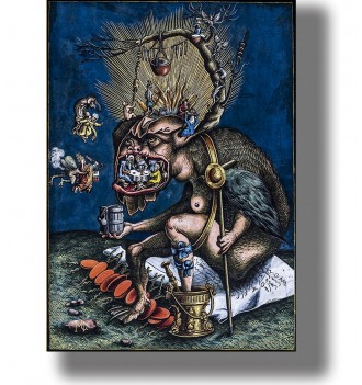 Old woodcut showing clergy feasting inside the jaws of a seated devil, with smaller demons around him.