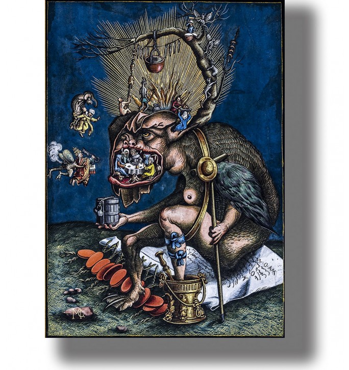 Old woodcut showing clergy feasting inside the jaws of a seated devil, with smaller demons around him.