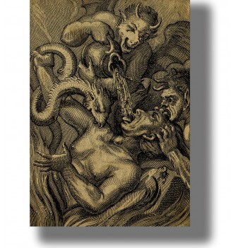 Old religious illustration showing demons tormenting a man in a dark hellish scene.