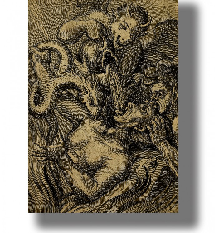 Old religious illustration showing demons tormenting a man in a dark hellish scene.