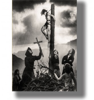 Black and white photograph showing a woman bound to a wooden post while dark figures gather below.