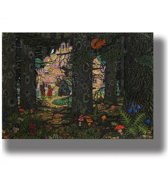 Hansel and Gretel at the witch’s gingerbread house in a dark fairytale illustration by Carl Krenek.