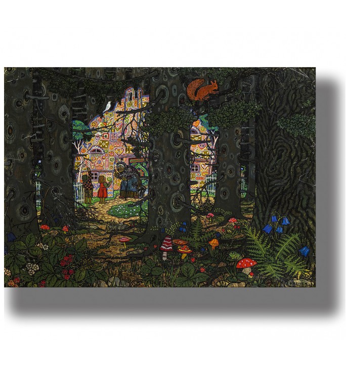 Hansel and Gretel at the witch’s gingerbread house in a dark fairytale illustration by Carl Krenek.